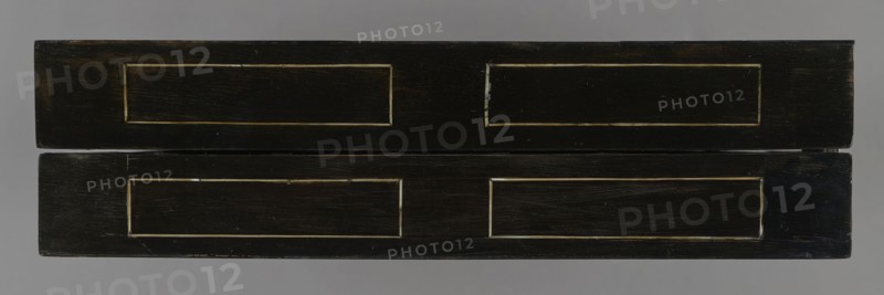 Chess, mill and backgammon box;, games; flower vases; chess; ; plant decoration; baroque style; landscapes; backgammon; animals; birds; checkers; 1680s; France; furniture; game furniture; height 9 cm; width 37 cm; depth 32.8 cm, A horizontal view of a rectangular object with two stacked dark wood panels, each panel showing a recessed rectangular inset; the wood appears black with visible grain and worn edges revealing lighter brown tones, and there are thin pale lines outlining the recessed areas; the background is a neutral gray.