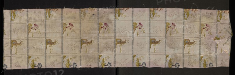 Fabric fragment: pale pink silk brocaded with colorful and silver threads. Brocade threads: light green, pink, pale pink, light brown, white, blue, pale purple, cherry red, silver. Fabric divided into horizontal silver stripes forming the basis for alternating miniature landscapes: a tuft with a tree, smaller tree silhouettes, and a fragment of ruins overgrown with vegetation. Landscapes separated by vertical stripes and floral bouquets woven from the background. Background weave derived from linen a type of rep. 2nd half of the 18th century, France. Height 106 cm, width 23 cm. Report: height 13.5 x width ?, A long rectangular textile with a pale background laid flat against a dark surface, patterned in a grid of vertical and horizontal bands creating a series of rectangular panels; within many panels there are small floral and vine motifs in colors including gold, olive green, muted pink, deep pink, blue, and pale brown, and some panels show a faint tone-on-tone botanical pattern; nar...