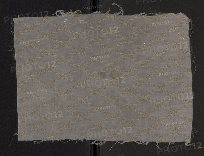 Fabric fragment, silk fragment of patterned fabric with a net composition and preserved pattern. Gray grosgrain with a network of small twigs with bows; yellow-gold and olive ornament. Pattern repeat: 5 x 2.2 cm. 18th century, France, height 28.5 cm, width 21 cm., A rectangular piece of fabric with frayed edges laid flat against a dark background, showing a repeating diagonal lattice pattern of leafy motifs. The fabric appears light gray with the embroidered pattern in a muted gold tone. There are a few small discolorations and faint marks on the fabric surface, and some loose threads along the borders. The background around the fabric is dark charcoal or black.