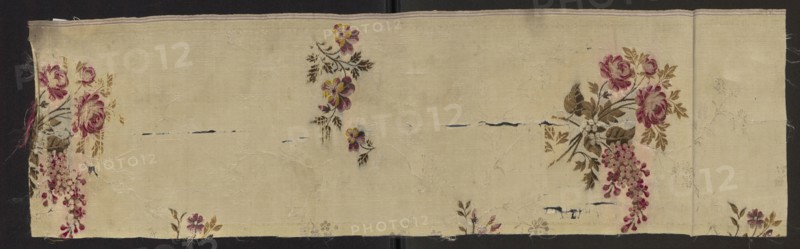 Fragment of fabric, fabrics, fragments of silk fabrics, patterned fabrics, fabrics with preserved selvedge, floral patterns, 18th-century silk fabric, Gros de tours liseré, 1 lat de lancé, broché a liagé repris White cream background - gros de tours liseré, brocaded with threads: olive green, dark green, dark pink, pale red, heather Report: 59 x width ? Width of the edge selvedge: 0.6 m, 18th century, France, height 81 cm, width 23 cm, A strip of pale beige fabric with a few clusters of embroidered flowers in shades of pink, magenta, yellow, olive green, brown, and white, showing groups of roses and trailing blossoms at either end and a small vertical cluster near the center, with scattered small floral sprigs toward the bottom edge; the fabric has visible wear and areas of fraying, thin lines of darker discoloration, and faint woven floral patterns in the ground.