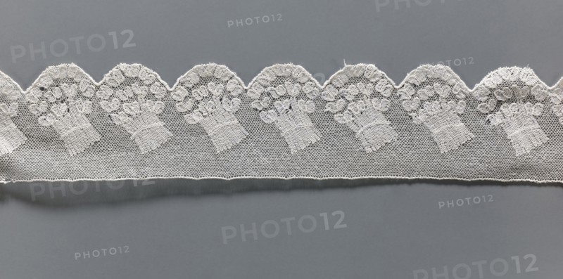 Fragment of lace, repossession provenance noted, Malines Mechelen lace, 18th century, Henryków Heinrichau — museum repository, lace, width 6 cm, length 33 cm, A scalloped strip of lace in white stretches horizontally across a smooth gray background, featuring a repeating floral bouquet motif worked into a fine netted pattern; the lace shows delicate embroidered textures, curved scallop edges, and areas where the netting and denser embroidery create slight variations in tone, with visible white threads and shadows against the gray surface.