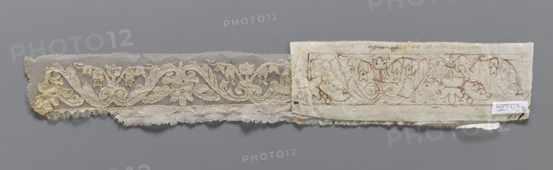 Two fragments of appliqués on batiste tulle. a with a floral tendril pattern. b with a fragment of cardboard sewn on. 19th century, Europe. Lace, embroidery and appliqué patterns; clothing accessory fabric. Width 5.5 cm, length 34 cm., A long narrow fabric fragment and attached paper pattern sit against a gray background; the fabric section is an off-white to beige lace with a floral and scrolling vine design set on a fine mesh ground, edges frayed and uneven, showing a few areas of darker beige where the thread has aged; the paper piece is a yellowed cream color with embossed and drawn floral motifs in faint brown and red lines and a small rectangular white patch affixed near one corner; overall colors visible include gray, off-white, beige, cream, brown, red, and white.