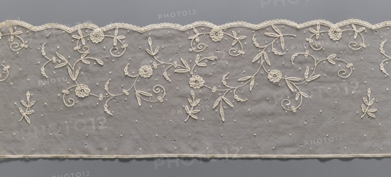 Lace fragment, Lace, unknown provenance. Plant ornaments. The lower edge is gently serrated with flat arches, bordered with a band of fine, bobbin-shaped teeth looped onto the mesh. Ornament elements made with chain and bobbin-shaped techniques. Bobbin-shaped mesh, handmade. 2nd half of the 19th century, Europe. Lace, width 26.5 cm, length 283 cm., A strip of delicate lace with a scalloped top edge and a straight bottom edge, featuring an embroidered floral and vine pattern in a light cream color against a neutral gray background; the design includes several small rosette motifs, looping tendrils, and elongated leaf shapes, with scattered tiny raised dots across the netted fabric, and subtle variations in the cream thread creating slight texture contrast.