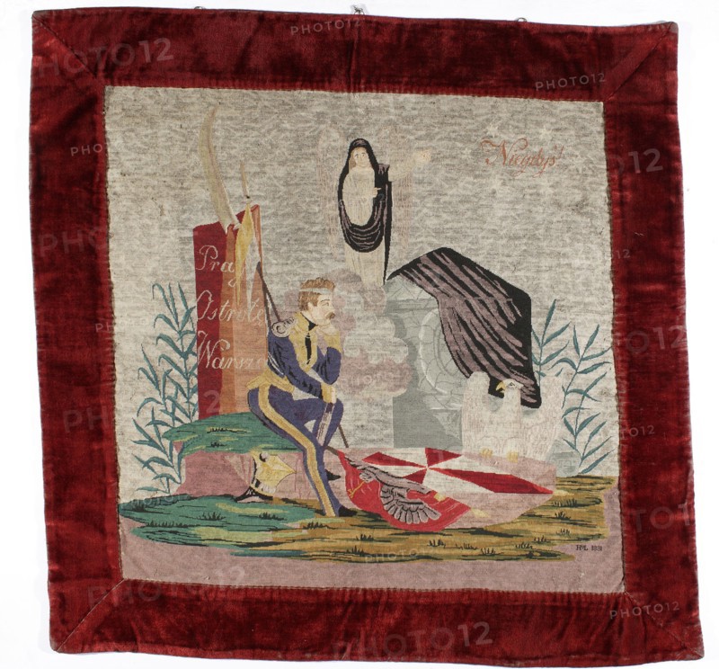 Wall-hanging picture, wall-hangings, embroidery, White Eagle coat of arms, scythes, lances, banners, columns, inscriptions. Wall-hanging embroidered in fine cross-stitch depicting a symbolic scene: in the foreground a wounded soldier; behind him a column inscribed Praga, Ostroleka, Warsaw. In the background an angel; below, a gun carriage covered with a pall and the White Eagle. Trim of dark cherry plush. An angel, also draped in a pall, points to the inscription Once. Behind the uhlan are a scythe and lance with a pennant leaning against the column. In front of the uhlan are banners on the ground, next to them a White Eagle. In the lower right corner are the letters and the date HL1831. 1831, Poland; fabrics; height 70 cm, width 70 cm., A textile panel with a wide dark red velvet border surrounding a woven scene; the woven area shows a seated figure in a blue and yellow uniform-like outfit with a contemplative posture, a fallen helmet and a shield with a red and white pattern lying on...