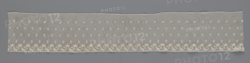 Fragment of lace, lace of unknown origin, floral ornaments, 19th century, Europe, lace, width 13 cm, length 75 cm, A long rectangular strip of delicate lace fabric lies against a gray background, the lace appearing off-white or cream with a fine open mesh and a scalloped lower edge; across the bottom edge there is a continuous floral embroidered border with looping stems and small clustered flowers, and above this border a scattered pattern of tiny embroidered motifs fills the central area, while the top edge is straight with a slightly uneven finished seam.