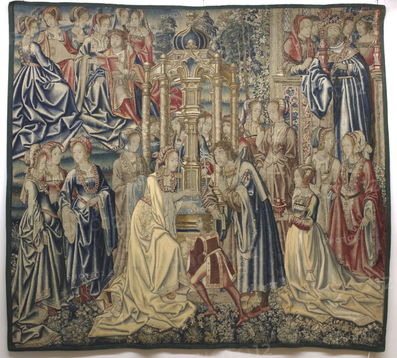 David and Bathsheba tapestry, unknown workshop, Jan van Roome fl. 1498–1521 co-author, tapestries. Depicts David Bible and Bathsheba Bible; courtly scene, masterpiece. In the center is a fountain surrounded by arcades on slender columns. At the fountain is Bathsheba washing her hands. Next to her is the king's messenger, and around her are courtiers and musicians. Above on the right, on the porch in front of the palace, King David, surrounded by courtiers, observes the scene at the fountain. To the upper left is a group of young musicians. The colors of the fabric are limited and saturated, predominating: red, sapphire blue, green, and yellow. Without border. A similar depiction of Bathsheba at the fountain appears on tapestries in Madrid and Brussels; the Madrid tapestry is considered the prototype and belongs to a series of three tapestries telling the story of David and Bathsheba. 1500–1520, Brussels; tapestries; height 295 cm, width 330 cm., A richly detailed woven scene shows a gr...