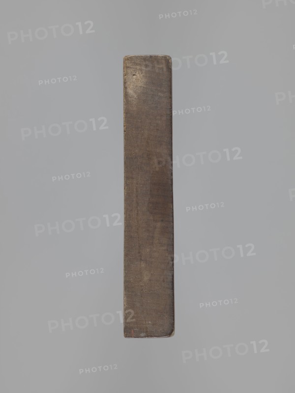 A single-sided gingerbread mold with the image of Adam and Eve in paradise, gingerbread, gingerbread molds, decorative art, Adam and Eve under the Tree of Knowledge iconography, figurative scenes, snake sin, biblical scenes, religious motifs, male figures, female figures, folk motifs. Description: A single-sided, rectangular mold with a representation of naked figures of Adam and Eve standing under the Tree of Knowledge bearing numerous fruits; Eve gives Adam an apple, and a snake is wrapped around the tree. Date: 19th century, place: Province of Silesia 1742–1918. Object type: mold. Dimensions: height 20.5 cm, width 13.8 cm, depth 2.5 cm., A long vertical rectangular object with rounded corners suspended against a plain background, the object showing a worn, textured surface in shades of brown with darker and lighter variations, slight scuffs and subtle scratches, and a small area of muted reddish discoloration near one end; the background appears in soft gray tones.