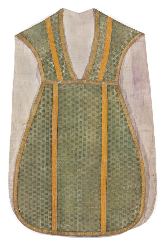Chasuble, Chasuble of silk fabric with a fine pattern of stylised floral motifs between gold stripes. Lined with linen. Individual parts separated with gold galloon trim. Background fabric is a simple weave warp celadon, wefts blue, brocaded with silver metal thread with a loose braid on a white silk base. 18th century, Grodno, Poland. Liturgical vestment; length 106 cm, width 66 cm back., A vestment with a rounded lower shape and a V-shaped neckline, made of translucent off-white fabric for the outer sections and a central panel of green patterned fabric with a subtle checker motif, edged and divided by vertical and diagonal bands of golden yellow trim and narrow metallic gold braid, showing faint signs of age and discoloration with areas of pale purple and beige on the outer fabric.