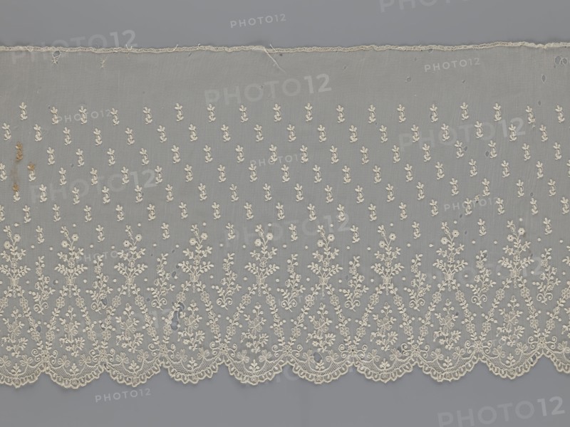 Lace fragment - shuttlecock; maker, mid-19th century, France. Lace shuttlecock used as a clothing accessory or fashion ornament. Lower edge: semicircular serrations bordered with fine serrations with geometric ornament. From the semicircular serrations upwards: a repeating floral ornament with a twig motif in triangular divisions; above this, a small twig in a regular projection. Materials: lace. Width 42 cm, length 430 cm., A length of sheer fabric laid flat, showing an overall pale gray background with an intricate embroidered pattern in off-white or cream; a scalloped embroidered edge runs along the bottom with repeating floral and vine motifs, above which a denser band of embroidered branch-like shapes rises, and a more open field of small embroidered sprigs and dots fills the upper area; the fabric shows a few small holes and a few areas of fraying along the top edge, and a small discolored spot with a brownish tone on the left side.