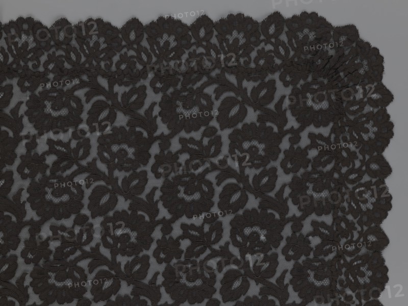 Cape, lace, in the form of a square with two wide, elongated lace ties. Continuous floral ornament with a motif of a large, asymmetrical flower sprig. Raised edge with a strip of floral edge ornament made separately and sewn on. 2nd half of the 19th century, France. Height 97 cm, width 168 cm., A close-up of a piece of black lace fabric with an ornate floral and leaf pattern set against a gray background, showing a scalloped edge and dense embroidered motifs in black and dark gray tones.