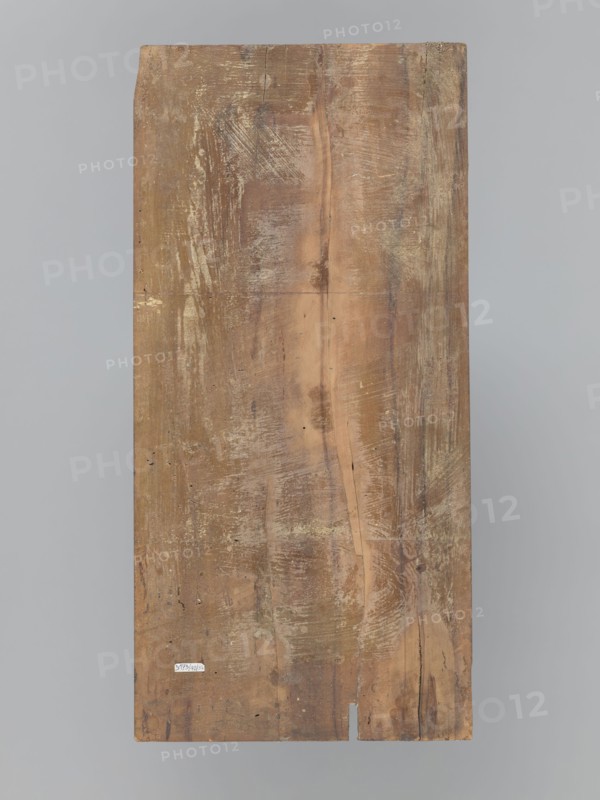 Gingerbread mold with 3 coats of arms and 52 medallions, boards and gingerbread, national emblems, zoomorphic motifs, coats of arms, banners, female busts, decorative art. Rectangular, flat gingerbread mold with representations forming medallions of various sizes, with a wreath-shaped border. Three large medallions, placed one below the other, contain heraldic images: 1. a double-headed eagle under a crown. 2. a quadripartite coat of arms whose fields depict a lion, an eagle, a human figure, and the letter W; in the central field a human head; the coat of arms topped with a crown, above which a female bust and two banners; on the sides of the shield are decorative labres made of plant twigs. 3. a mounted lion facing right. The form's decoration is complemented by 52 small medallions containing images of animals, mostly birds, and anthropomorphic, geometric, and plant motifs. 16th–17th century, utility item., A vertical rectangular wooden plank with a weathered surface showing a grain p...