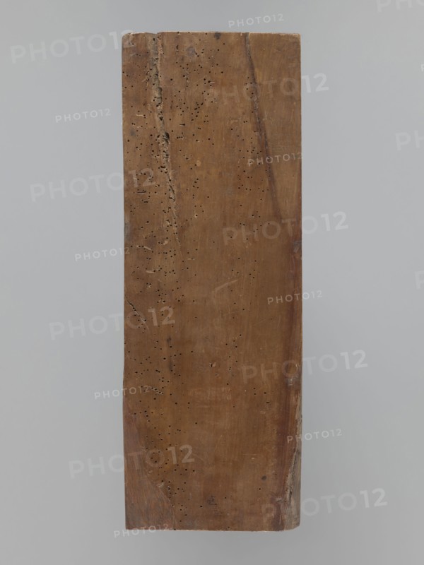 One-sided gingerbread mould with the image of a bachelor: one-sided rectangular mould depicting a male figure standing with joined hands, wearing a patterned tricorn hat and a long wig, in a bachelor’s costume from the 2nd half of the 19th century; described as 17th century or early 18th century dress justokor, culottes, stockings and high-heeled shoes. A dog stands at the man's leg; decorative plant motifs at the bottom. Folk-style applied/decorative art; plant decorations and motifs; dogs; gingerbread mould. Silesia Province of Silesia, 18th–19th century. Form dimensions: height 50 cm, width 18 cm, depth 4.2 cm., A single vertical rectangular wooden plank with a warm brown surface showing a vertical crack and a pattern of small round holes scattered across it, set against a smooth pale gray background, with areas of darker brown along the edges and subtle lighter brown scuff marks on the surface.