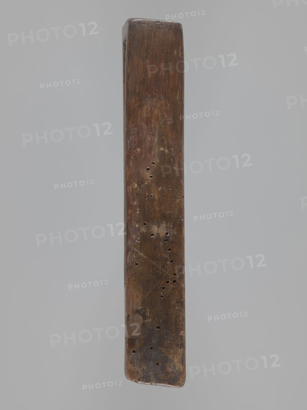 Double-sided gingerbread form; obverse: image of Madonna and Child, reverse: two rectangles with floral ornaments. Double-sided rectangular form; on one side a figure of the Virgin Mary in a large patterned robe, surrounded by children—two sitting on her lap, the other three at her feet—with a German inscription at the bottom: DIE LIEBE IS BEI MIR SO GROS ACH NIM / MICH IN DEINEM SCHOS. The other side features two long rectangular frames filled with floral ornament. Gingerbread mold, decorative folk motifs, religious iconography Madonna, Christianity. 18th–19th century, Silesia Province of Silesia, 1742–1918. Height 19 cm, width 11 cm, depth 3.3 cm., A long narrow wooden object with a rectangular cross-section shown vertically against a pale gray background, the wood surface is dark brown with lighter brown and tan worn areas, small scattered round holes and some scratches visible, the top edge is slightly rounded and the bottom edge is more blunt and worn, the wood grain and patchy di...