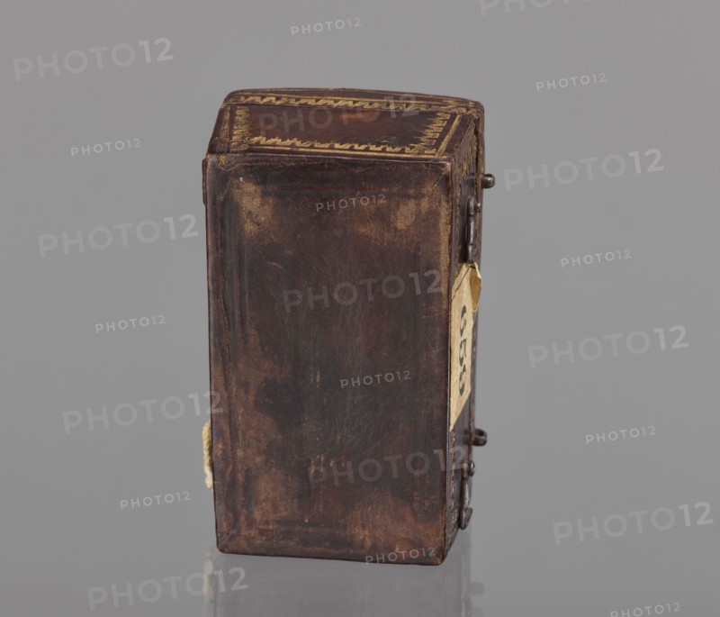 Case for a stamp, bookbinding, embossing; leather case in the form of a chest slightly widened at the top with an external hinge slightly convex; covered with leather with gold-embossed decoration stripes and zigzag lines at the edges; on the lid, flowers with stems at the edge and one in the center; interior lined with pink satin; 2nd half of the 18th century, Poland ; case; height 3.5 cm, width 7.8 cm, A rectangular leather-covered box in dark brown with worn areas and lighter brown scuffs sits upright on a neutral gray surface against a gray background, showing a decorative gold border along the top edge, metal hinge hardware and a small torn piece of yellowed material attached to one side, with subtle reflections beneath it.