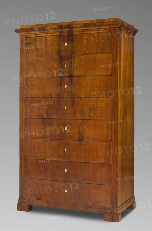 Chiffonier, Biedermeier style, 1820–1830, Central Europe possibly Silesia, piece of furniture storage piece, height 170.3 cm, width 101.3 cm, depth 52 cm, A tall wooden chest with a warm brown finish stands against a plain gray background; its front shows a series of horizontal drawer fronts with subtle wood grain patterns and darker streaks, and a few small keyhole-shaped metal insets running down the center; the chest has a simple molded top and a stepped base with short square feet, and the sides display similar brown wood tones with visible grain and some darker knots.