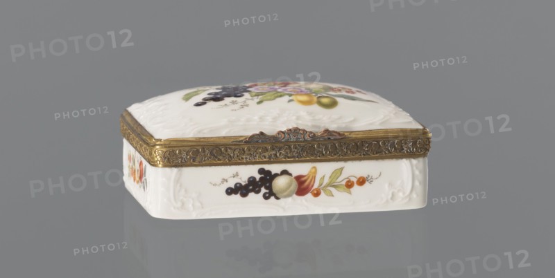 Snuffbox tin, Koenigliche Porzellan Manufaktur KPM; Berlin; 1763–1918, ca. 1765–1770. Snuffbox in the form of a rectangular box with a slightly arched lid, framed in gilded bronze, with a plant ornament around the outer edge of the lid and a lock, on hinges. Around the edge of the lid and the side walls there is a relief with rocaille and floral motifs. On the lid, the bottom of the base and each side wall are painted with colorful fruit and floral compositions including blackcurrant, fig, mirabelle plum or redcurrant and plums. Inside the lid is a painted composition of a bouquet of flowers in a cup-shaped brown vase on a stone tabletop with fruit and a sprig of raspberry flowers; on the edge of the tabletop a small bird sparrow? nibbling a leaf, and above two butterflies flying. Porcelain haberdashery snuffbox. Dimensions: height 3.2 cm; width 8.3 cm; depth 6 cm. Origin: Berlin, Germany., A small rectangular decorative box sits on a flat surface, shown from a low front angle, with a ...