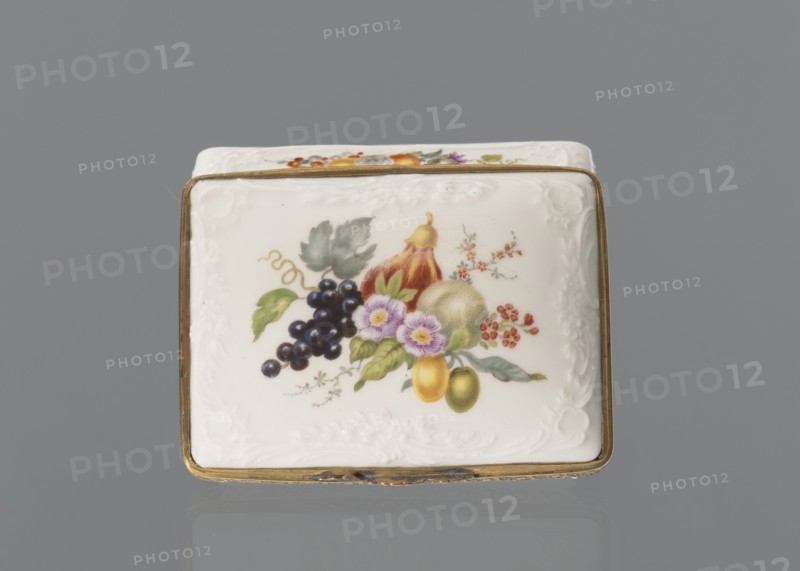 Snuffbox tin, Koenigliche Porzellan Manufaktur, ca. 1765–1770, Berlin, Germany. Snuffbox in the form of a rectangular box with a slightly arched lid, framed in gilded bronze, with a plant ornament around the outer edge of the lid and a lock on hinges. Around the edge of the lid and the side walls is a relief with rocaille and floral motifs. On the lid, the base of the interior, and each side wall are colorful fruit and floral compositions including blackcurrant, fig, mirabelle plum or redcurrant, and plums. Inside the lid is a painted composition of a bouquet of flowers in a cup-shaped brown vase on a stone tabletop with fruit and a sprig of raspberry flowers; on the edge of the tabletop a small bird sparrow? nibbles a leaf, and two butterflies fly above. Porcelain haberdashery snuffbox. Height 3.2 cm; width 8.3 cm; depth 6 cm., A rectangular white porcelain box with a gilded metal rim sits against a gray background, the top surface decorated with a painted still-life of fruit and flow...