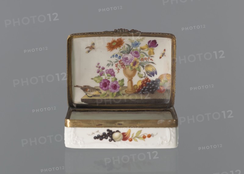 Snuffbox tin, Koenigliche Porzellan Manufaktur KPM; Berlin; 1763-1918. Snuffbox in the form of a rectangular box with a slightly arched lid, framed in gilded bronze, with a plant ornament around the outer edge of the lid and a lock, on hinges. Around the edge of the lid and the side walls of the tin there is a relief with rocaille and floral motifs. On the lid, the bottom of the base and each of the side walls are painted with colorful fruit and floral compositions including blackcurrant, fig, mirabelle plum or redcurrant and plums. On the inside of the lid is a painted composition of a bouquet of flowers in a cup-shaped brown vase on a stone tabletop with fruit and a sprig of raspberry flowers; on the edge of the tabletop a small bird sparrow? nibbling a leaf, above two butterflies flying. Ca. 1765–1770. Germany, Berlin. Porcelain haberdashery snuffbox. Height 3.2 cm; width 8.3 cm; depth 6 cm., A small rectangular box with an open lid sits against a gray background; the interior of th...