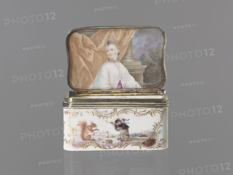Snuffbox tin, Königliche Porzellan-Fabrique, Meissen 1710–1763. Tall rectangular snuffbox with rounded corners, flatly arched lid bound in metal gilt silver? on hinges. Around the edges of the side walls, lid and bottom are gilded rocaille frames for colorful miniatures with animal fairy tales: 1 a squirrel and a pug in a bonnet and cape, smoking pipes and drinking coffee, with a landscape and architecture in the background; 2 a dog as a hunter, with a pipe and two hares on a leash, landscape background; 3 drunken animals feasting at a table with a pulled tablecloth: a goose, a wild boar, and a fox, landscape background; 4 a parrot on a pole beside a cage, landscape background. In the reserves on the side walls are miniature landscapes by the water. Inside the lid is a colorful miniature portrait of a young lady in a cape, half-length, against beige drapery obscuring a column; painted in pastel colors in a pointillist style. Dated to the 3rd quarter of the 18th century, Saxony, Meissen...