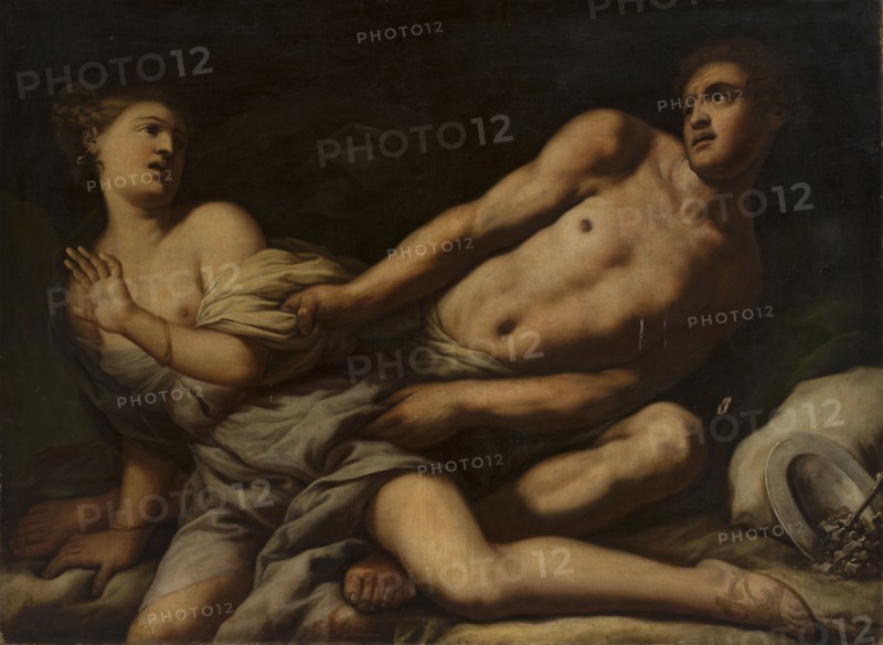 Myrrh and Kinyras, Zanchi, Antonio 1631-1722 painter, Italian painting, mythological scene, 2nd half of the 17th century - 1722, painting, height 115 cm, width 158 cm, A painted scene shows a partially clothed woman and a partially clothed man reclining against a dark background. The woman is on the left with pale skin, light brown hair pulled back, and a light-colored draped cloth slipping off one shoulder; her expression appears surprised and her hand is raised. The man is on the right with tan skin and short dark hair, leaning back with an arm extended toward the woman and the other arm and torso exposed; he looks away from her. A group of flowing drapery in shades of off-white, beige, and gray covers parts of both figures, and there are areas of shadowy dark brown and black in the background. The visible colors include flesh tones, beige, off-white, gray, dark brown, black, and hints of green. A pale hat and a small cluster of pale objects lie near the lower right corner.