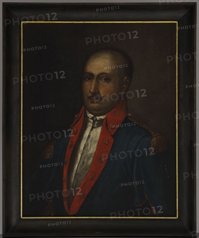 Portrait of the Opoczno Standard-bearer, unknown Polish painter, 1797, painting, height 67 cm, width 52 cm, A framed oil portrait of a man wearing a dark blue coat with a red lapel and gold shoulder decorations, a white shirt visible beneath; the man has a mustache, short hair, and a medium skin tone, with a neutral facial expression and direct gaze; the background is very dark, mostly black and deep brown; the frame is dark wood with a narrow gold inner trim; visible colors include dark blue, red, gold, white, brown, black, and flesh tones.
