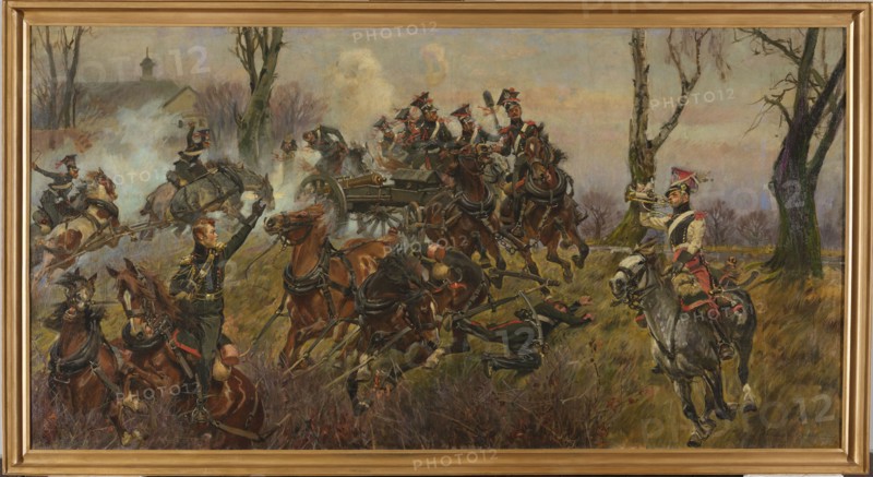 Battery on Fire - Raszyn, Kossak, Wojciech 1856-1942 painter, provenance unknown, Raszyn Masovian Voivodeship, horses, Battle of Raszyn 1809, army, military men, replicas, battle art, artillery, cannons, November Uprising 1830-1831. In the centre of the composition a six-horse artillery harness at a gallop. In the foreground on the left - the first horseman is turned towards the harness, with his left hand raised; the second horseman, shown closer to the center, falls from his horse. In the right foreground a trumpeter on a grey horse, in the background two leafless trees. In the center, in the background, a French cannon and a group of cannoneers, and on the left, the head of the next team is visible – four horses led by two riders. In the background, a grove and the silhouette of the church in Raszyn. 1913, Poland, painting, height 131 cm, width 250 cm, A painted scene shows a group of uniformed riders and teams of horses in a grassy, wooded landscape with a pale sky; the composition...