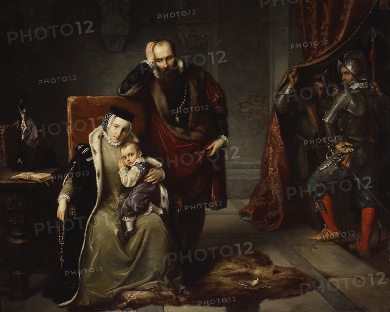 Catherine Jagiellon with her son Sigismund in prison; Józef Simmler 1823–1868, painter; 1859; oil painting; dimensions: 80 × 96 cm; subject: Catherine Jagiellon and her son Sigismund III Vasa 1566–1632 in prison; costume and interior scene; armor; Jagiellon family., A seated woman wearing a long light-colored dress with a dark fur-lined cloak and a small dark cap cradles a young child in purple clothing against her chest; the child rests a hand on its face and looks outward. Behind them a bearded man in a dark robe with fur trim and a heavy chain leans on the back of the chair with one hand on his head and the other extended toward the woman. To the right, a heavy curtain is being held aside by an armored soldier in metallic breastplate and helmet, while another armored figure stands partly hidden behind the curtain; the visible soldier wears dark green trousers and bright red stockings with tan shoes and rests a hand on a sword at his side. To the left of the seated figures a table ho...