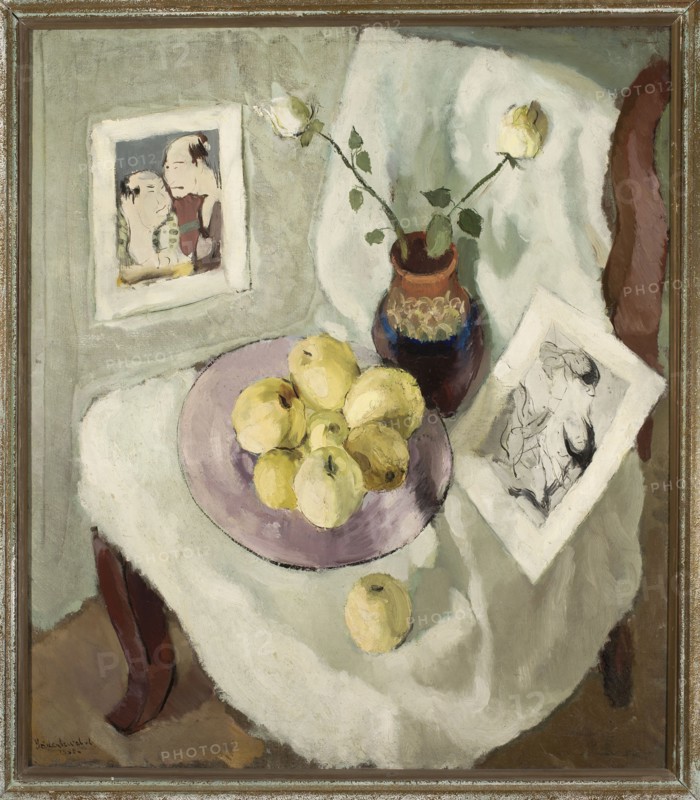 Still Life - Roses, Seidenbeutel, Menasze 1903-1945 painter, Warsaw School artistic group; 1929-1939, interwar period, contemporary painting, roses, still lifes, Japonism style, 1930, painting, height 83 cm, width 72 cm, A tabletop scene shows a round table covered with a white cloth, on which a lavender plate holds a group of yellow apples and another yellow apple rests on the cloth nearby; a brown and blue decorative vase stands on the table holding a stem with leaves and white roses; a rectangular sketch or drawing lies on the cloth beside the vase; a framed picture hangs on the wall showing two simplified human figures; parts of dark brown chair legs are visible at the table edge; the overall colors visible include white, yellow, lavender, brown, blue, green, and gray.