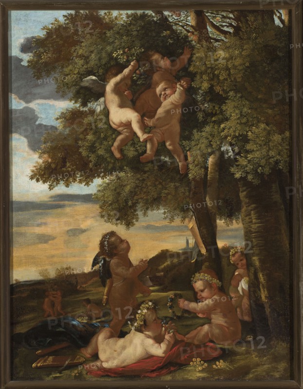 Playing Cupids, Poussin, Nicolas 1594–1665 painter copy, French painting, putti, Poussin, Nicolas 1594–1665 - iconography, 17th century, painting; dimensions: painting height 98 cm, width 75 cm; with frame height 107 cm, width 86.5 cm, thickness 5 cm, The image shows a painted scene of a group of cherubic children among trees and open landscape, rendered in colors including greens, browns, blues, pinks, reds, golds, and beige. Several naked children with wreaths of flowers in their hair are gathered on the grass and among the tree branches; some are seated, one reclines on a red cloth, and a few are in the tree canopy. One child has small wings and a dark sash, while another holds a garland. The trees have dense green foliage and textured brown trunks, and the sky behind them shows areas of blue and soft golden and gray tones. A dark draped cloth and a golden-bound book lie on the ground near the reclining child, and a wooden swing or plank hangs from a tree branch. The whole scene is ...