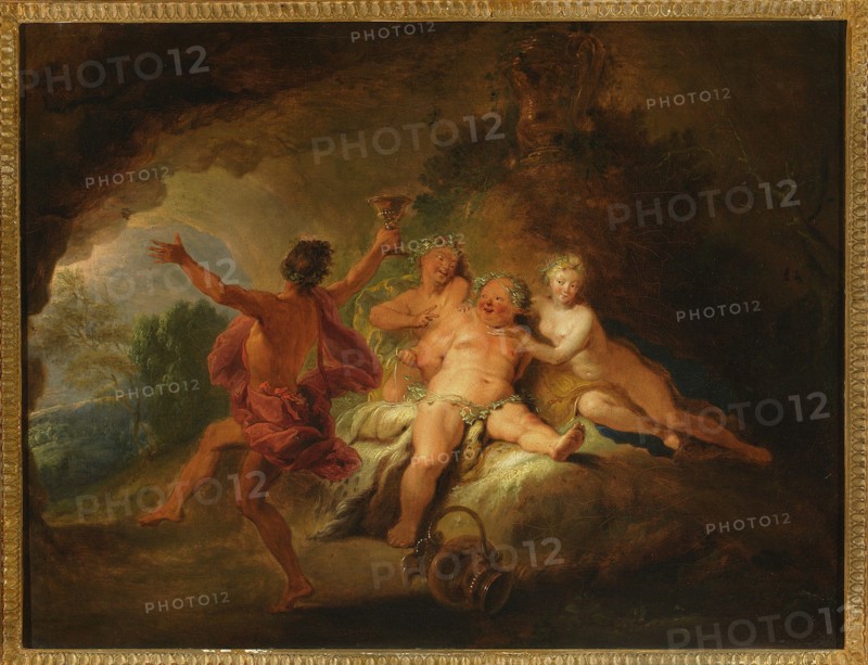 Bacchanalia, Bertin, Nicolas 1668-1736 painter, French painting; subject: Bacchus myth., bacchanalia, caves, mythological scenes; attributes: chalices, jugs, chalice; possible association: Ghigiotti, Gaetano 1728-1796; date: ca. 1710–1720; place of origin: Paris., A painted scene shows a group of figures in a cave-like setting with a dark brown and black upper background and a lighter brown and green area toward the left where a glimpse of sky appears. A male figure with brown skin and dark hair faces away from the viewer, wearing a flowing red cloth and holding a cup aloft. A group of three partially clothed figures recline on a rock illuminated by warm light; their skin tones are pale to pink, and they wear green wreaths and small draped fabrics in shades of yellow and green. One central figure is more rotund and sits forward on the rock, while the other two lean toward him. A fallen vessel in brown lies on the ground near the rock. The overall palette includes browns, dark greens, r...