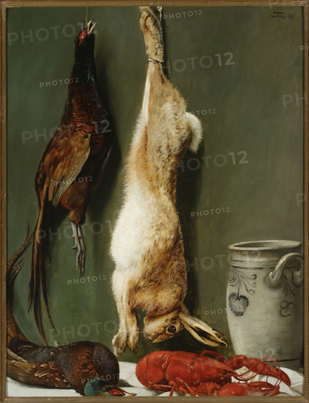 Still life: hare, pheasants, lobster and jug; Hans Thoma 1839–1924, 1889; German painting; oil on canvas; painting; height 100 cm, width 75 cm, The image shows a still life with a few dead animals and a ceramic vessel against a muted green background. A brown and dark-feathered bird hangs by a string on the left, displaying reddish-brown, dark brown, and hints of green in its plumage and a red patch near its head. In the center a pale brown and white rabbit hangs upside down by its hind legs, its fur showing creamy white and tan tones and its ears flopped downward. On the surface below there is another bird lying on its side with rich brown, dark green, and iridescent blue-green feathers, and a bright red crustacean with detailed claws and legs. To the right sits a light-colored ceramic pitcher with gray and off-white tones and subtle decorative motifs. The overall palette includes green, brown, tan, white, red, gray, and hints of dark green and blue.