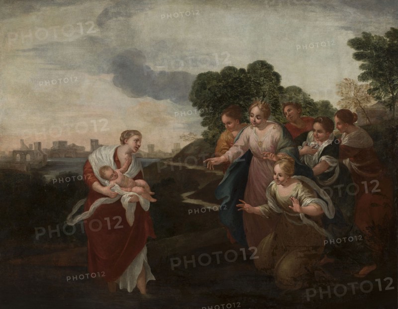 The Finding of Moses, unknown Italian painter, Moses Bible, biblical scenes, the finding of Moses iconography, Italian painting, 16th century, painting, height 94 cm, width 119 cm, A group of people outdoors on a landscape with trees and distant buildings under a cloudy sky, with a woman in red holding a baby wrapped in white cloth standing on the left and a group of women on the right reaching toward them; the figures wear garments in colors including red, white, blue, pink, green, brown, and yellow, and the scene includes dark green foliage, muted gray and beige clouds, and earthy brown and dark ground tones.