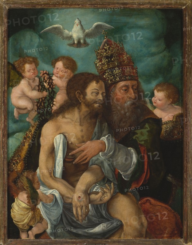 The Holy Trinity Throne of Grace, Master of Adoration from Lille fl. ca. 1510–1535 workshop, Netherlandish painting, religious scenes; depicts God the Father, Jesus Christ, putti, Dove of the Holy Spirit; iconography includes crown of thorns, tiara triple crown, The Holy Trinity Throne of Grace; 2nd quarter of the 16th century, Antwerp; painting; dimensions: height 51.4 cm, width 39.2 cm; with frame: height 61.5 cm, width 49 cm, thickness 5 cm., A painted scene showing a group of people and winged children against a cloudy teal and dark green sky, with a white bird with outstretched wings near the top. A central bare-chested man with brown hair and beard sits draped in pale blue cloth, his arms showing a visible wound and his hands resting together. Beside him is an older man with a long gray beard wearing an ornate red and gold headpiece and dark green and red robes, one arm wrapped around the younger man. Several cherubic children with curly reddish or blond hair surround them, some ...