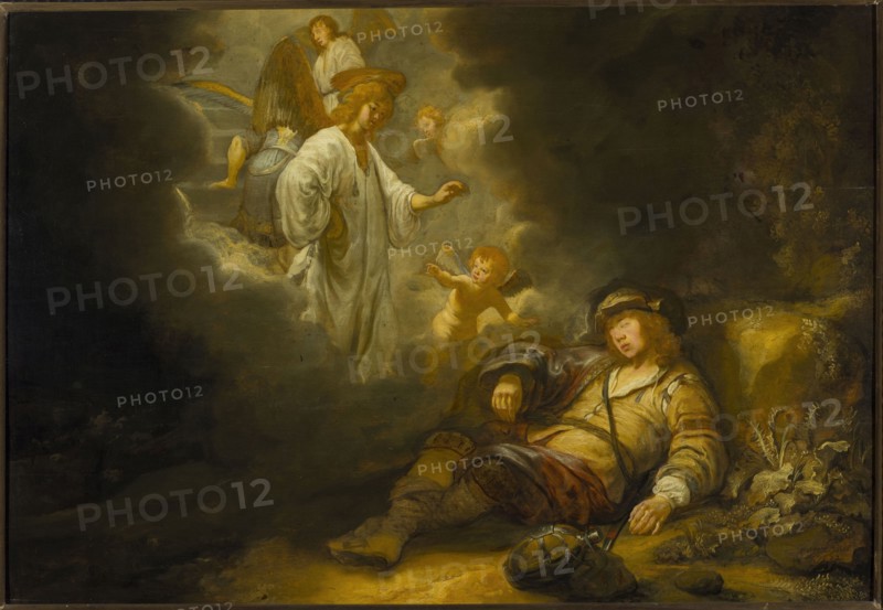 Jacob's Dream, Gerbrand van den Eeckhout 1621–1674, 1642. Oil painting, Northern Netherlands. Subject: biblical scene of Jacob the patriarch dreaming with angels Old Testament. Dimensions: painting 75.2 × 116.5 cm; with frame 100 × 133 × 6 cm. Dutch painting; restitution noted; purchase provenance., A reclining figure in muted yellow and brown clothing lies on the ground with relaxed limbs and a hat nearby, surrounded by earthy brown and ochre tones; above and to the left a group of angelic figures in pale white and cream garments emerge from glowing grayish clouds, their wings showing hints of golden brown and soft blue, and a small winged child with rosy skin and light brown hair reaches toward the reclining figure; the scene contains areas of deep shadow in dark brown and nearly black, with patches of warm light illuminating faces and fabric, and a few pale green and gray plants near the reclining figure.