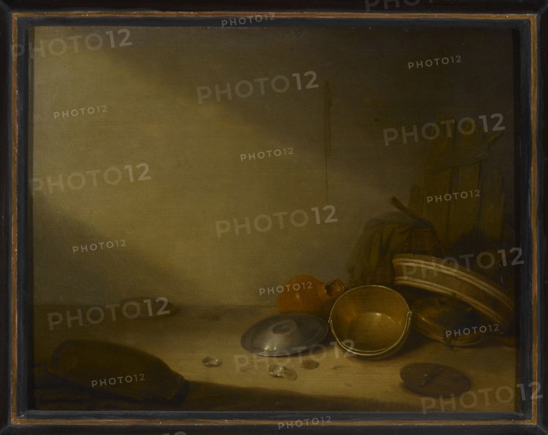 Still Life with Old Vessels, Potter, Pieter Symonsz. 1597 or 1600–1652, painter; 1631; oil painting; subject: still life with vessels, shells, jugs; iconography: Vanitas; materials: paint on panel; dimensions: painting 32.5 × 41.5 cm; with frame 66.5 × 76.5 cm; thickness not recorded., The image shows a still life scene with a muted, dimly lit background in shades of olive green and brown. In the foreground on a wooden surface there is a group of kitchen objects including a brass-colored bowl, a shallow metal lid with a dull gray-silver tone, and a small round terracotta container in orange-brown. Nearby are a few small translucent fragments that catch the light and appear pale and glossy. To the right there is a stack of wooden or woven containers in warm brown and beige tones, and behind them some rough wooden planks in darker brown. On the left foreground a dark, elongated object lies partially in shadow with deep brown and black tones. The overall palette is dominated by brown, oli...