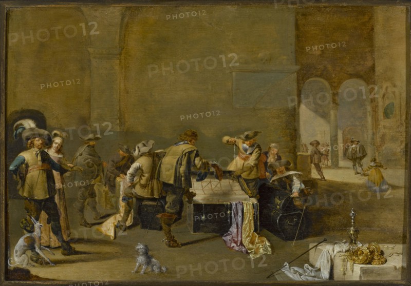 Guardhouse, Duck, Jacob 1600–1667 painter. Dutch painting, genre scene in an interior depicting women, soldiers, dogs, trunks and valuables; multi-figure scene. Date: 1630s. Medium: painting. Dimensions: 32.5 cm × 47 cm with frame: 49 cm × 63 cm., A large interior scene with warm brown and beige walls and floor, featuring a group of people in period clothing gathered around a central table or chest draped with colorful fabrics in pale yellow, lavender, and pink tones; several figures wear hats with feathers and garments in muted greens, tans, blues, and off-white, and one figure appears to be holding a string of beads. In the foreground a small white curly-haired dog and a larger white-and-gray dog sit on the floor near a standing couple dressed in pale and dark clothing, while to the right a seated man in dark clothing and a wide-brimmed hat leans on a cane beside trunks and chests. Near the bottom right corner a display of metallic objects in gold tones sits atop a raised surface nex...