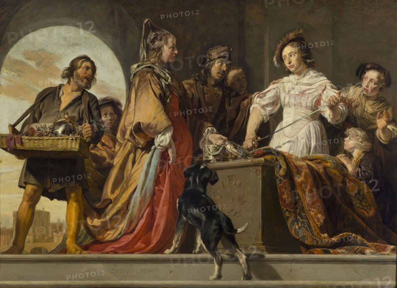 Achilles among the Daughters of Lykomedes, Jan de Braij ca. 1627–1697, painter; 1664. Oil painting, 129 x 179 cm. Depicts Achilles mythology among the daughters of Lykomedes mythology; includes Odysseus mythology; mythological scene with landscapes; themes from Ovid's Metamorphoses and Statius's Achilleis. Elements: jewelry, fashion, women's and men's costumes, theatrical stylings, weapons and bladed weapons., A group of people stand and kneel closely together on a stone platform in an interior with a large arched opening showing a pale sky; a woman in a long flowing gown of gold and red stands near center left with a draped cloak, a younger figure in a white dress and feathered headpiece stands to the right holding a thin sword, and several onlookers in muted brown and ochre clothing cluster between and behind them with varied faces and expressions. A man carrying a woven basket filled with metallic objects and fabrics stands at far left wearing a dark tunic, while a small child with ...