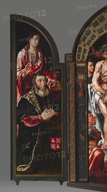 Ecce Homo Triptych, donor portraits on the wings, Heemskerck, Maarten van 1498–1574 painter, Ecce homo iconography, Pontius Pilate prefect of Judea; fl. 26–36, Jesus Christ Bible, religious scenes, Margaret the Martyr St.; ?–ca. 303–305, Netherlandish painting, John the Evangelist St.; ?–ca. 100 - iconography, portraits, chalice attribute, dragon attribute, Jan van Drenckwaerdt ?–1549, Margaretha de Jonge van Baertwyck ?-1542, female portraits, male portraits, triptychs, 1544, painting, central part: height 167 cm, width 88.9 cm, thickness 13 cm, with frame: height 188.6 cm central part, width 132.7 cm central part, thickness 13 cm, right wing: thickness 5.5 cm, height 183.5 cm, width 64.8 cm, left wing: thickness 5.5 cm, height 183.5 cm, width 62.5 cm, A painted panel showing a kneeling older man with a gray beard wearing a dark robe trimmed with a spotted fur and red velvet sleeves, his hands clasped in front of him, with a standing younger figure behind him dressed in flowing red an...