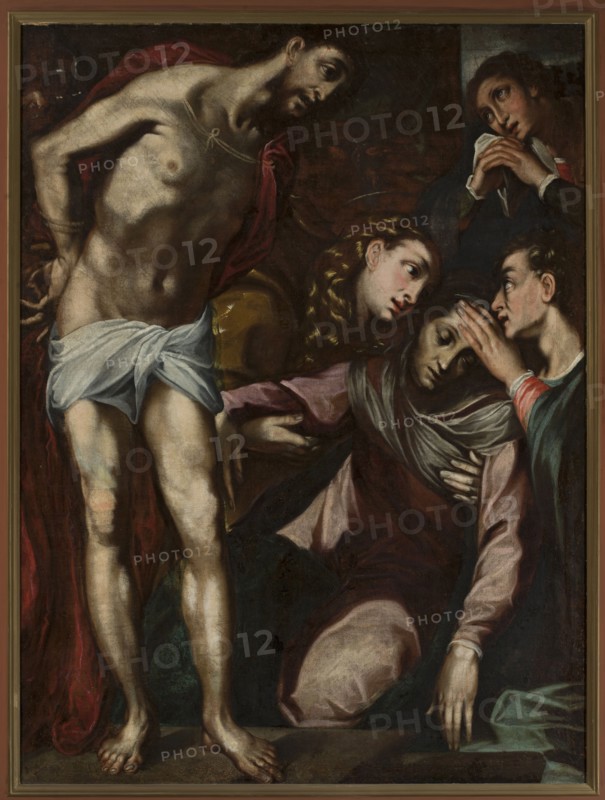 Pieta, Vanni, Francesco 1563–1610 painter, Jesus Christ, Mary mother of Jesus Christ, Italian painting, pieta, 16th–17th century, painting, height 135.5 cm, width 103 cm, A painted scene showing a group of people arranged closely together with a vertical composition, dominated by flesh tones, deep reds, dark greens, muted browns, pale pinks, and soft grays. On the left, a standing partially draped figure with exposed torso and legs wears a pale cloth around the waist and a dark red cloak behind, with visible musculature and bare feet on a dark floor. Toward the center, a person with long golden hair and a warm ochre garment leans over another seated figure whose head is bowed and wrapped in layered gray and muted mauve drapery, the face turned downward and eyes closed. To the right, a person with short dark hair gently touches the bowed forehead while wearing garments in dark green and soft pink tones, and above them another figure in darker clothing holds hands near the face with an u...