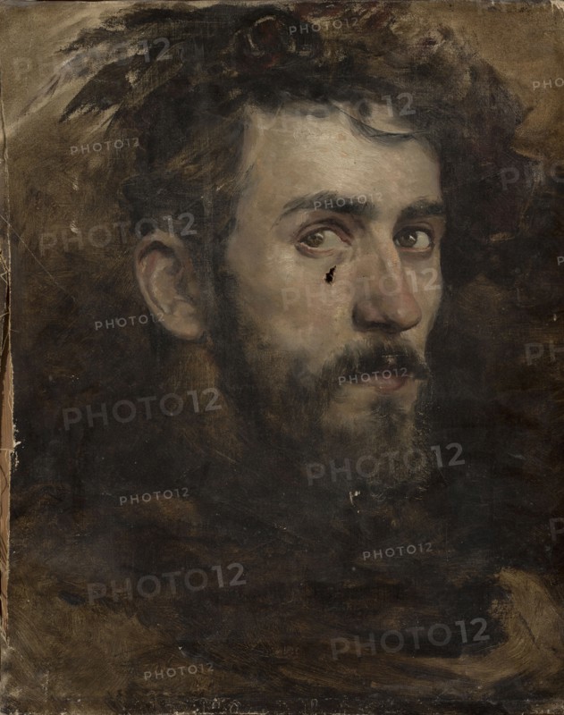 Self-portrait, Myszkowski, Józef 1861-1891 painter, author, self-portrait, bust portrait, three-quarter view, portrait of an artist; subject with beard and mustache; sketch/painting, ca. 1860s; height 42 cm, width 33 cm., A painted portrait of a man's head and shoulders showing a neutral expression, visible facial hair including a beard and mustache, short dark hair, and prominent eyes looking slightly to the side; the skin tones include pale flesh and subtle warm highlights, and there are dark shadows on the face. The background is a mix of deep brown and black with textured brushstrokes, and the clothing or surrounding area blends into dark brown and black tones. The hair and beard show black and dark brown shades, and there are a few lighter brown and beige highlights on the skin and in the hair. The overall palette consists of dark brown, black, beige, pale flesh, and muted warm tones.