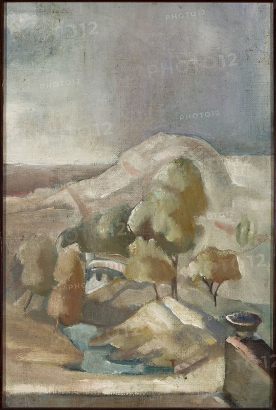 Landscape, Eugeniusz Zak 1884–1926 painter, contemporary painting, École de Paris, landscapes, 1911, France, painting; height 39 cm, width 26 cm., A muted landscape painting showing a soft, cloudy sky in pale gray and blue above rolling hills in beige, tan, and light brown tones. In the middle ground a group of trees appears with foliage in green, olive, and yellowish-brown, and trunks in darker brown. A pale, rounded hill rises behind the trees with brushy highlights in off-white and pinkish-beige. In the foreground there is a small body of water rendered in muted blue and teal, flanked by sandy-colored ground and rocky forms in beige and light gray. At the lower right a ledge or wall in gray and brown supports a shallow bowl or planter with a dark blue interior. Overall the palette is subdued with grays, blues, greens, browns, and touches of off-white.