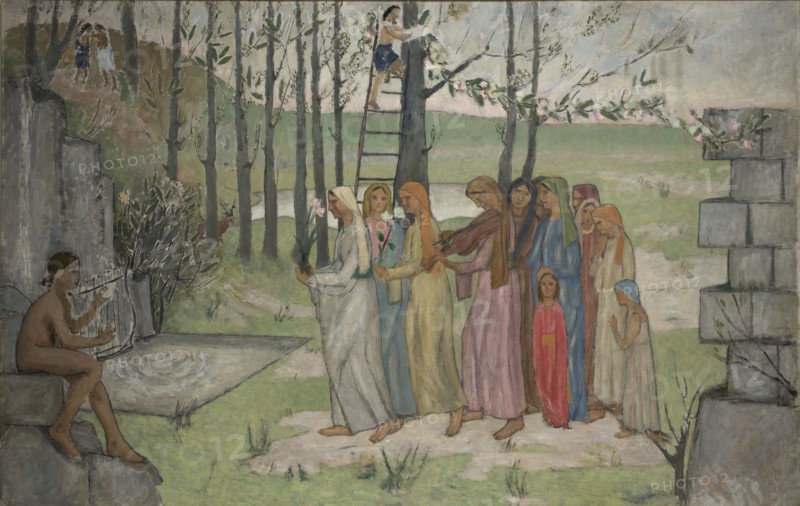 The Rite of Spring, Makowski, Tadeusz 1882–1932, painter; contemporary painting; genre scenes; École de Paris style; spring; ca. 1907; Poland; painting; height 129 cm, width 203 cm, A group of people walk barefoot along a pale path through a grassy landscape, several wearing long flowing garments in colors including white, pale blue, yellow, pink, red, brown, green, and beige, with a few women wearing head coverings; one woman at the front holds a flower and another nearby carries greenery. To the left a seated nude figure with dark hair plays a lyre near stone ledges, and behind them a few trees with slender dark trunks rise against a pale sky. In the background a child climbs a ladder propped against a tree and reaches toward branches with blossoms, while more trees and a distant hill in shades of muted green and brown form the scene; stone blocks frame the right edge and small patches of grass and plants dot the foreground. The overall palette includes muted greens, grays, browns, p...