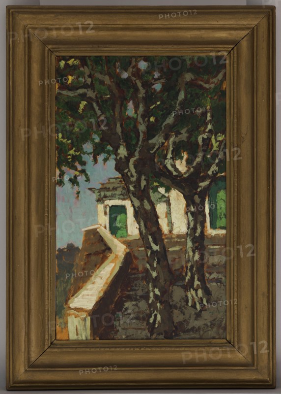 Plane trees at the monastery gate, Bohuszewicz, Jan 1878–1935 painter, contemporary painting, interwar period, message provenance, trees, Italy, landscapes, 1930, painting, height 60 cm, width 35 cm, A framed painting showing a scene with a large tree foregrounded, its trunk and branches painted in dark browns and blacks with patches of pale gray and white, and foliage rendered in deep greens with touches of lighter green and yellow. Behind and beside the tree is a building with pale off-white walls and green window or door openings, and a stair or ramp structure in warm beige and ochre tones leading upward. The background includes a sky area in muted pale blue with hints of lilac, and the ground and surrounding surfaces are a mix of dark grays, browns, and olive greens. The frame around the image is a wide, molded wood tone in golden brown.