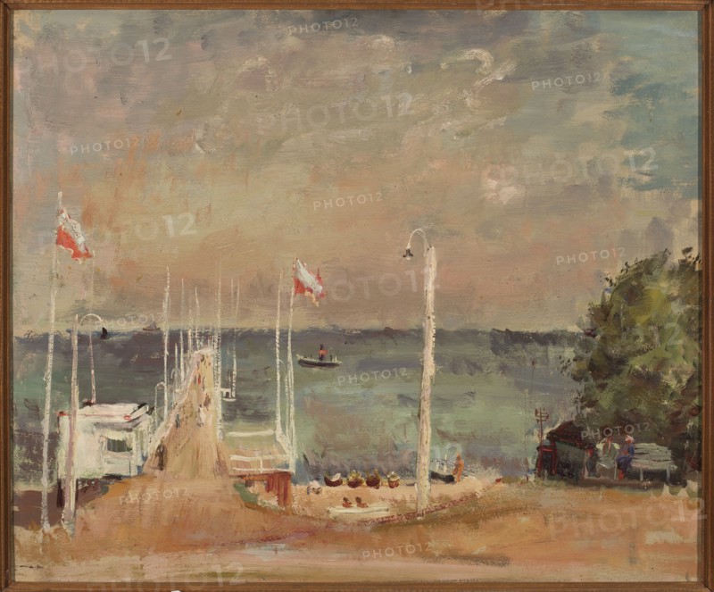 Motif from Hel, Seidenbeutel, Efraim 1903–1945 painter, Seidenbeutel, Menasze 1903–1945 painter, Warsaw School artistic group; 1929–1939, ports, Hel Pomeranian Voivodeship, ca. 1936, Poland, painting, height 60 cm, width 71.5 cm, A painted scene of a waterfront with a wooden pier extending into a calm sea under a cloudy sky, rendered in muted tones of beige, tan, gray, blue, green, pink, and brown; a few white vertical posts and lamp posts stand along the pier and shore, with a couple of red-and-white flags visible on poles; small boats float near the pier and a lone rowboat with a figure is on the water; sandy and earthy foreground areas lead to a cluster of green and dark foliage on the right where a small shelter and a group of people are depicted wearing darker blues and reds; overall brushstrokes are loose and impressionistic with soft blending of colors.