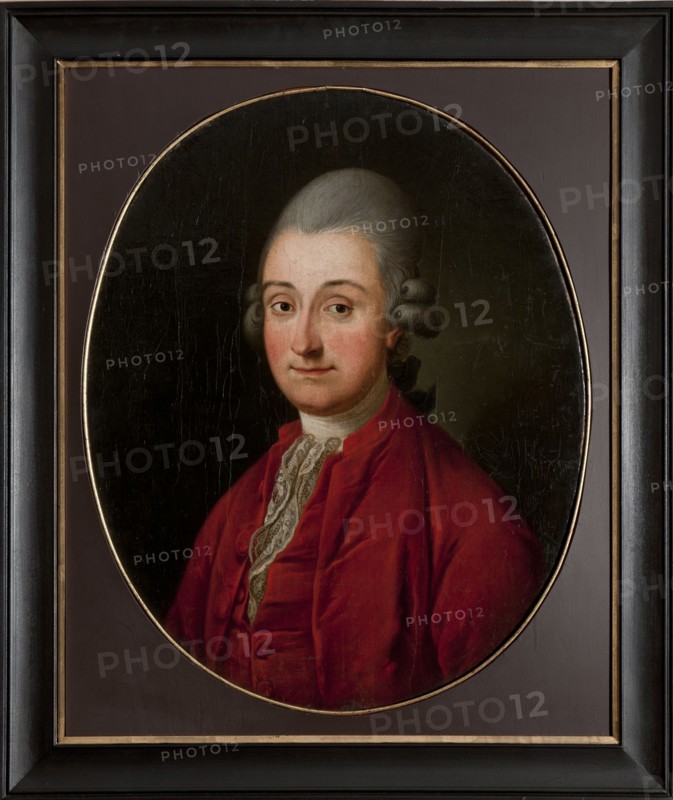 Portrait of Franciszek Dembinski ?-1776, the last starost of Wolbrom, unknown Polish painter. A young man, approximately thirty-something, bust, turned three-quarters to the left, looking straight ahead. His face is quite full, light pink with a slight flush, with a high forehead, long nose, and thin lips, the corners lifted in a grimace. He wears a gray powdered? wig with a bow at the nape and tubular curls at the temples, combed back above the forehead. Thin eyebrows, brown eyes. Dressed in a red velvet tailcoat with a narrow stand-up collar and a single row of fabric-covered buttons, unbuttoned; beneath it a matching vest, unbuttoned at one button, and a white shirt with a high-tied white scarf with lace edges. Background grayish-green, smooth, slightly lightened near the head. Stiffly painted with smoothly filled surfaces. Inscription on reverse in black paint: N= 12 | Dembinski ostatni Starost... olbro ca. 1762. Oil painting, 69.4 cm × 56 cm., An oval-framed oil portrait of a pers...