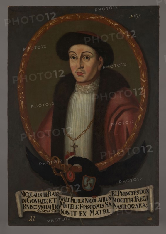 Portrait of Nicholas IV Radziwill ca. 1496–1529/30, Bishop of Samogitia, unknown Polish painter. Oval portrait with a laurel wreath incorporated into the painting's rectangle. Within the oval: half-length, turned three-quarters to the left, a young clergyman in a finely gathered white robe alb?, with a lace stand-up collar and a red cloak with brown fur lining, wearing a round red hat with a wide fur rim. On the chest is a cross on a gold chain. Expressive, harmonious features, a hint of stubble above the mouth. Oval background: green-beige, smooth. The portrait rests on the back of a black eagle with spread wings, bearing a ducal mitre on its head, a crosier in its right paw, and the Traby coat of arms on its chest. In its beak it holds the Pólkozice Nasilowskie coat of arms, and in its left paw a white ribbon with a Latin inscription. Background of the composition: bluish-gray, smooth. Dated 1733–1737. Painting, height 110 cm, width 75 cm., A painted portrait of a person shown from t...