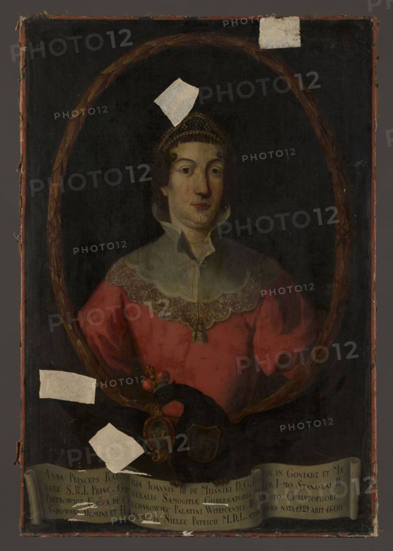 Portrait of Anna Hanna née Radziwill I née Kiszkowa, II née Sadowska, unknown Polish painter. Oval portrait in a laurel wreath incorporated into the rectangular surface of the picture. In the oval: shown in half-length, torso straight, facing slightly right; a young woman with an elongated face with a double chin, dark brown hair with fringe and two curls at the temples, wearing a triangular diadem; red dress with a tight bodice and a white yoke trimmed with a lace ruffle. Background in the oval brown, outside it dark brown. The oval rests on the back of a black eagle with spread wings, wearing a princely mitre, the Traby coat of arms on its chest, and an unspecified coat of arms a horseshoe with its arms up, with a cross within it, possibly Jastrzebiec in its beak. In its talons it holds a white ribbon with a Latin inscription; the ribbon and inscription were added later than the painting. On the top right of the composition, a washed-out inscription: N 151. Dated before 1758. Paintin...