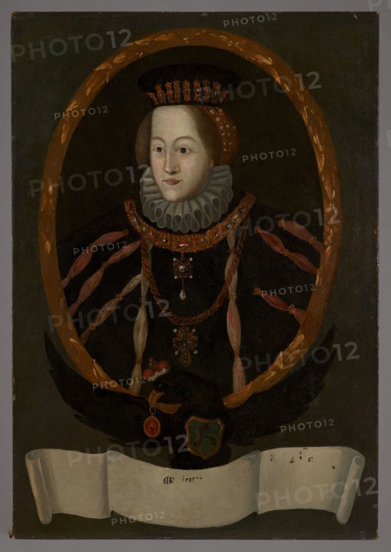 Portrait of Elzbieta Radziwill, née Szydlowiecka 1533–1562, unknown Polish painter. Oval portrait in a laurel wreath incorporated into the rectangle of the painting. In the oval: a young woman shown waist-deep, turned slightly to the left, in late Renaissance clothing: a brown beret and pearl-studded headband, a black dress with puffed sleeves decorated with longitudinal slits revealing pale red fabric, a white ruff under the chin, a wide gold necklace set with stones, a square pendant with a pearl, and a decorative cross on a chain. The face is pale, slender, with a high forehead and regular features. Red-blond hair is smoothly parted back, covering the ears and tucked into a headband. The oval background is dark brown and smooth. The oval rests on the back of a black eagle with a ducal mitre on its head, the Traby coat of arms on its chest, and the Odrowaz Szydlowiecki coat of arms in its beak. In its talons the eagle holds a white ribbon with the remains of an old inscription. The c...