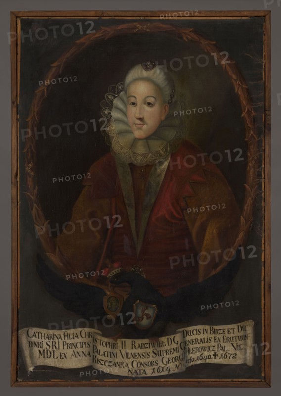 Portrait of Katarzyna Hlebowicz, née Radziwill 1613–1672, unknown Polish painter. Oval portrait with a laurel wreath inscribed within the painting's rectangle. Within the oval: half-length, turned three-quarters to the left, a slender grey-haired lady in costume of the early 17th century: a white ruff raised from behind under the chin, a red dress with a wide bodice, front slit with white lapels, sleeves decorated with triangular teeth on the shoulders, a yellow and red underskirt with wide floral-patterned sleeves fastened with a row of small buttons. In the hair: an oval jewel on the crown and a headband of precious stones. Dark gray, plain oval background. Portrait leans on the back of a black eagle with spread wings, wearing a ducal mitre, with the Traby coat of arms on its chest and the Dabrowa Kiszków coat of arms in its beak. In its claws it holds a white ribbon with a four-line Latin inscription in capital black letters. In the lower corner in white paint: N 200. Date: 1733–173...
