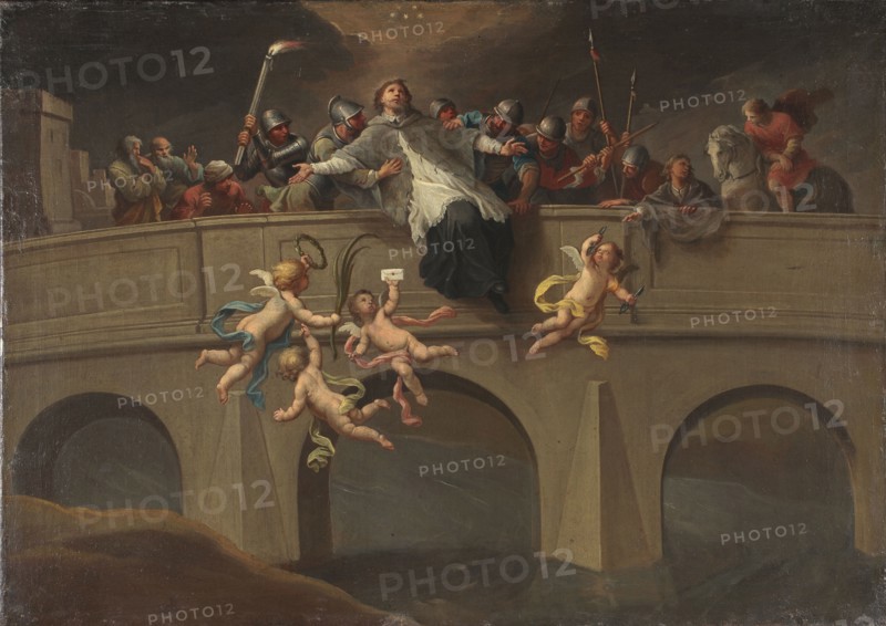 The Martyrdom of St. John of Nepomuk, by Szymon Czechowicz 1689–1775. At night, soldiers in Roman robes throw a young priest in a black cassock, white surplice, and a cape made of dormouse from a three-span stone bridge. Four putti float above the water, three holding keys, a laurel wreath, and a sealed letter; the last points a finger to the sky. On the bridge, besides soldiers armed with pikes, two old men left and two young men right discuss the matter; one observes the martyrdom, another rides a horse. Multi-figure martyrdom scene, ca. 1750; painting in brown and grey tones. Dimensions: 61 × 86.5 cm., A painted scene shows a stone bridge spanning dark water with three large arches and a few vertical supports; the bridge and surrounding architecture are various shades of gray and beige. A group of armored figures in metallic gray helmets and muted clothing in tones of blue, brown, green, and red crowd the bridge railing, some holding long spears and polearms, while a central robed f...